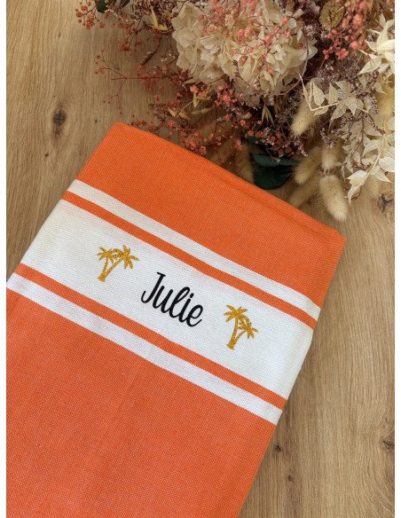 Fouta de plage ORANGE prénom et logo PALMIER
