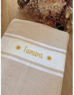 Fouta de plage BEIGE prénom dorée+ logo SOLEIL paillette