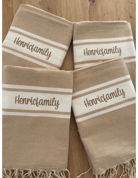 Fouta de plage BEIGE écriture marron sans logo