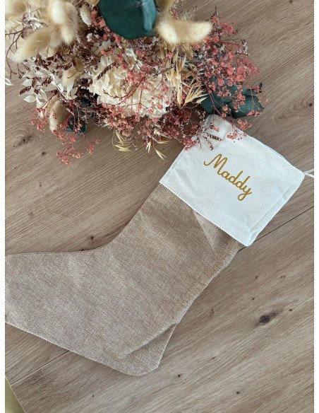 Chaussette de Noël personnalisée – Toile de jute beige – Prénom