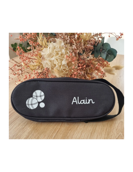 Housse de pétanque noire personnalisée – Logo boules + prénom