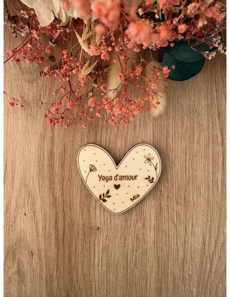 Magnet cœur personnalisé en bois – Cadeau gravé pour Mamie, Yaya, Maman, Papi...
