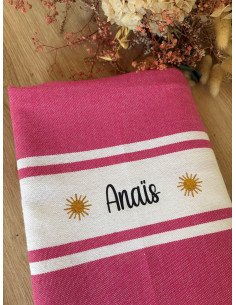 Fouta de plage FUSHIA prénom + LOGO SOLEIL DOREE PAILLETTE