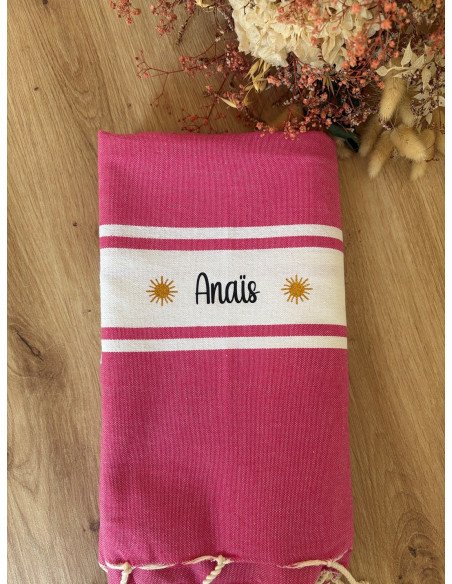 Fouta de plage FUSHIA prénom + LOGO SOLEIL DOREE PAILLETTE