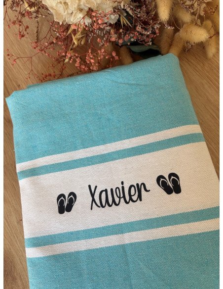 Fouta de plage BLEU prénom + LOGO TONG