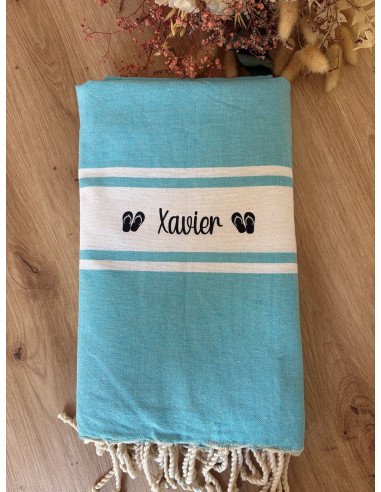 Fouta de plage BLEU prénom + LOGO TONG