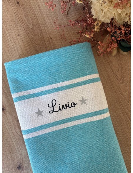Fouta de plage BLEU prénom + LOGO ETOILE GRISE
