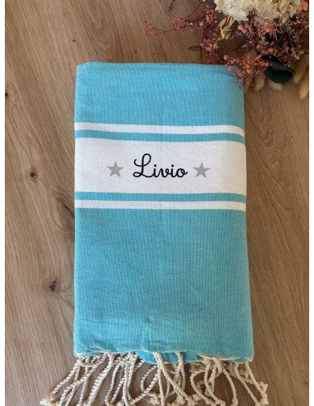Fouta de plage BLEU prénom + LOGO ETOILE GRISE
