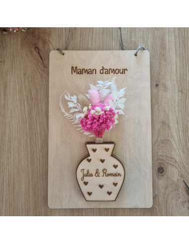 Cadre en bois gravé – Vase en relief, fleurs séchées & personnalisation