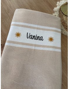 Fouta de plage BEIGE prénom noir + logo SOLEIL paillette
