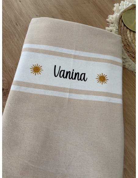 Fouta de plage BEIGE prénom noir + logo SOLEIL paillette
