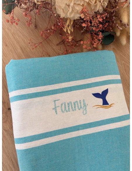 Fouta de plage TURQUOISE prénom TURQUOISE PAILLETE + logo SIRENE BLEU MARINE