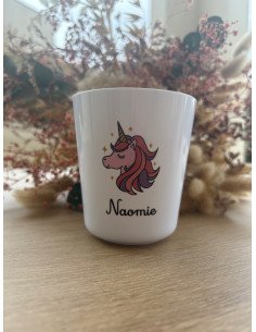 Gobelet enfant en polymère blanc – Prénom + Licorne