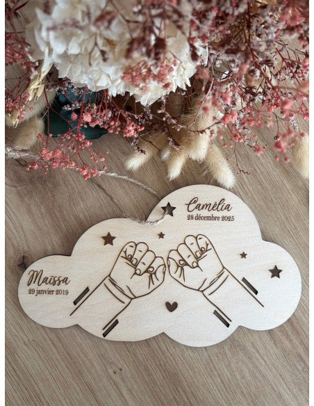 Bracelet de naissance plaque en bois deux enfant