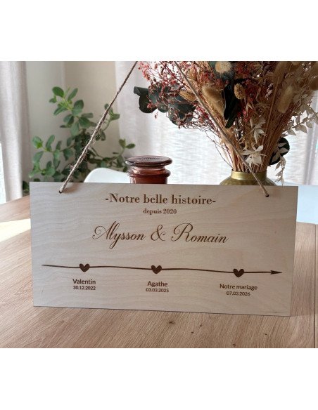 Plaque en bois gravée – Notre belle histoire – Une ligne de vie personnalisée