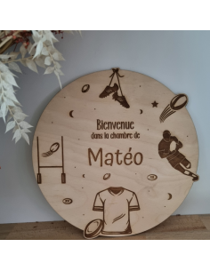 Plaque de porte en bois gravé – Personnalisée thème rugby