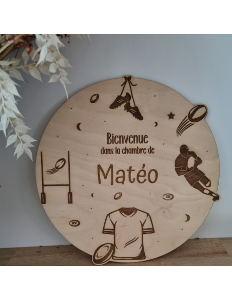 Plaque de porte en bois gravé – Personnalisée thème rugby