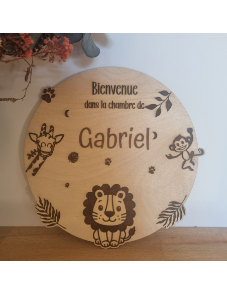 Plaque de Porte en Bois Gravé « Thème Lion & Savane »