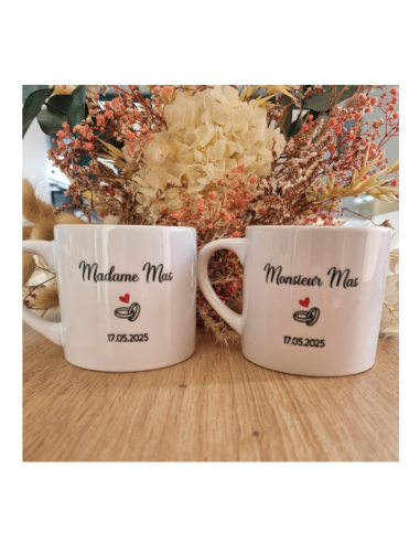 Duo de tasses à café personnalisées – Mariage | Monsieur & Madame + nom & date