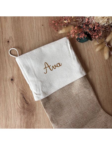 Chaussette de Noël personnalisée – Toile de jute beige – Prénom