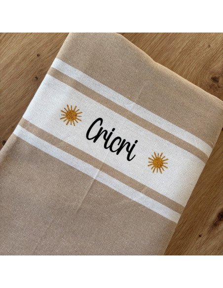 Fouta de plage BEIGE prénom noir + logo SOLEIL paillette