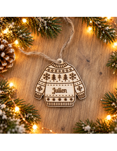 Ornement personnalisée en bois – Prénom -Motif PULL DE NOEL