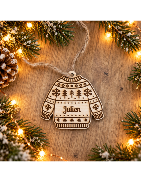 Ornement personnalisée en bois – Prénom -Motif PULL DE NOEL