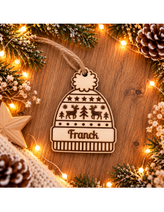 Ornement personnalisée en bois – Prénom -Motif BONNET DE...