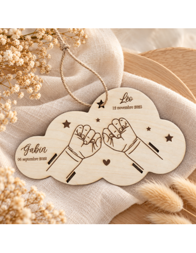 Bracelet de naissance plaque en bois deux enfant