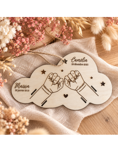 Bracelet de naissance plaque en bois deux enfant