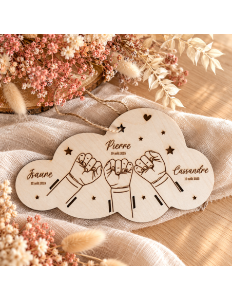 Bracelet de naissance plaque en bois trois enfant