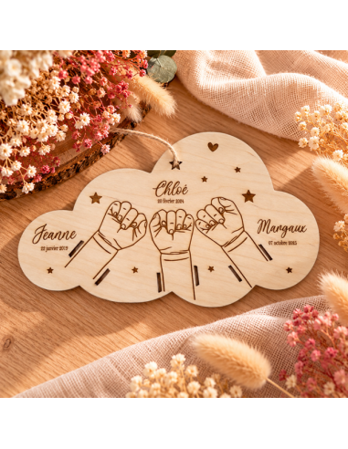 Bracelet de naissance plaque en bois trois enfant