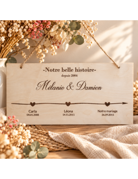 Plaque en bois gravée – Notre belle histoire – Une ligne de vie personnalisée
