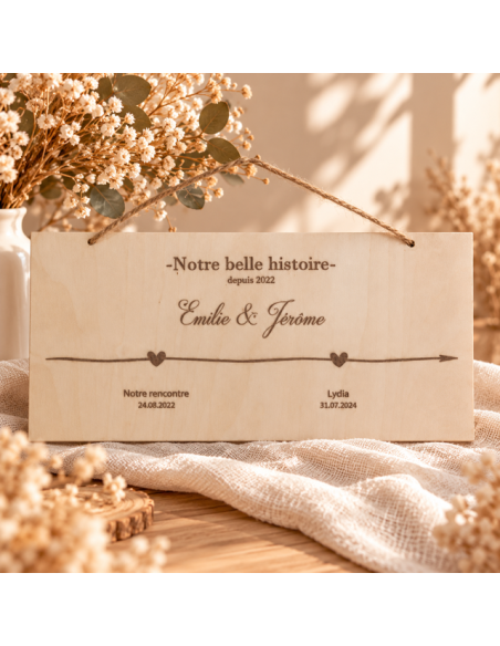 Plaque en bois gravée – Notre belle histoire – Une ligne de vie personnalisée