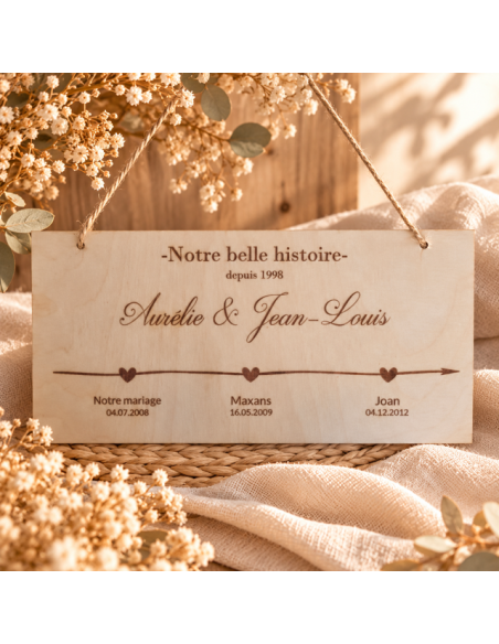 Plaque en bois gravée – Notre belle histoire – Une ligne de vie personnalisée