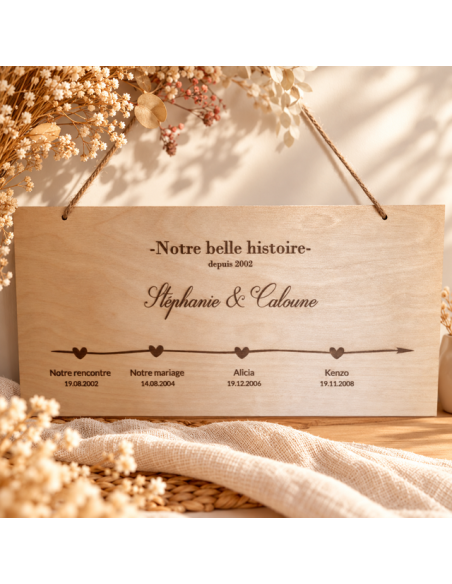 Plaque en bois gravée – Notre belle histoire – Une ligne de vie personnalisée
