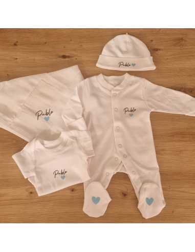 Pack naissance personnalisé – Pyjama, body, lange & bonnet (4 pièces)