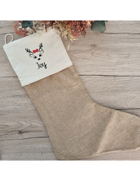 Chaussette de Noël personnalisée – Toile de jute beige – Prénom + logo au choix 🎁