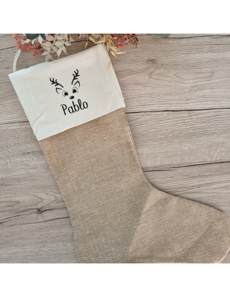 Chaussette de Noël personnalisée – Toile de jute beige – Prénom + logo au choix 🎁