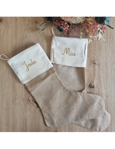 Chaussette de Noël personnalisée – Toile de jute beige – Prénom