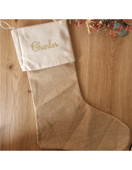 Chaussette de Noël personnalisée – Toile de jute beige – Prénom