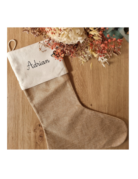 Chaussette de Noël personnalisée – Toile de jute beige – Prénom