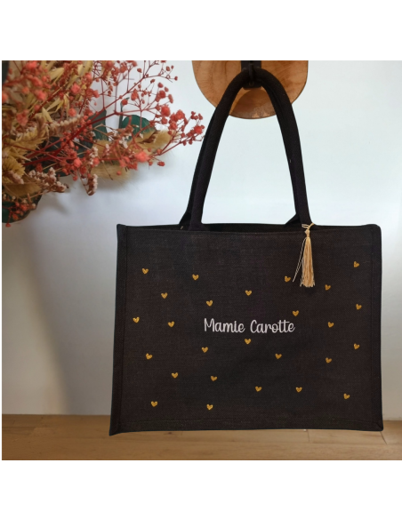 Sac cabas en jute noir avec cœurs dorés – Personnalisable (Mamie, Tatie, Marraine...) ✨