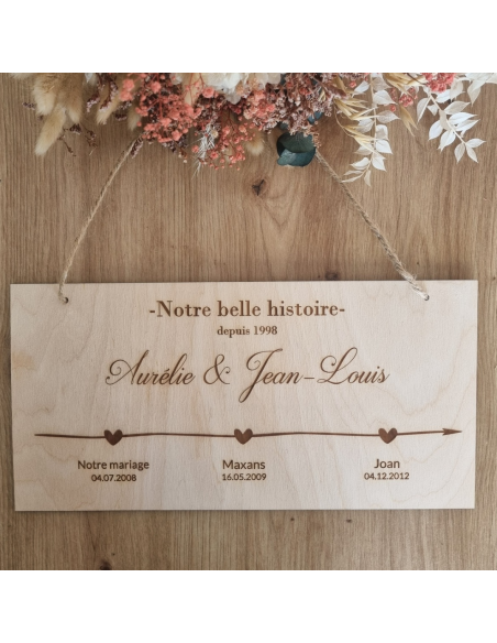 Plaque en bois gravée – Notre belle histoire – Une ligne de vie personnalisée