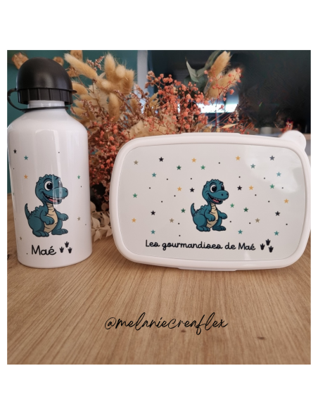 🎒🍼🍱 Gourde et/ou boîte à goûter personnalisée – Thème dinosaure