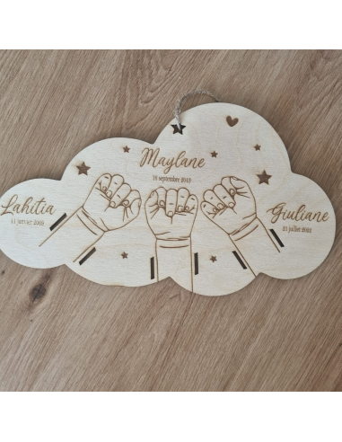 Bracelet de naissance plaque en bois trois enfant