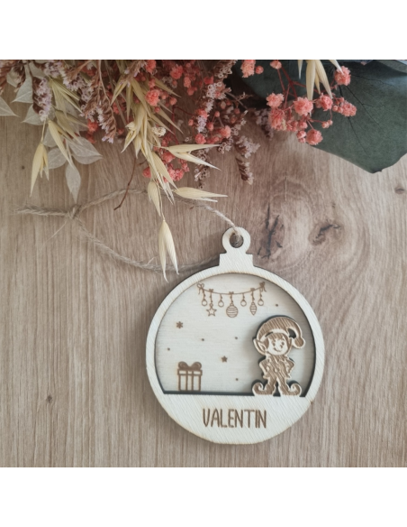 Boule de Noël personnalisée en bois – Prénom -Motif Lutin