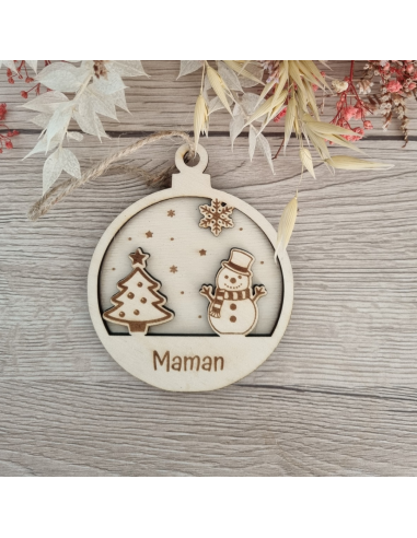 Boule de Noël personnalisée en bois – Prénom -Motif bonhomme de neige