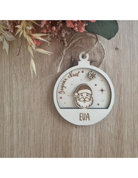 Boule de Noël personnalisée en bois – Prénom + date – Motif Père Noël