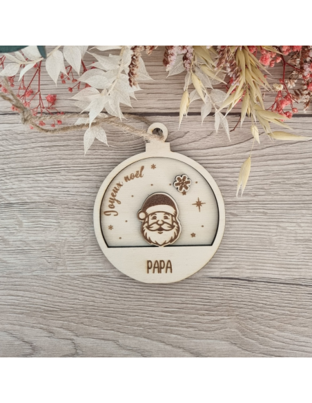 Boule de Noël personnalisée en bois – Prénom + date – Motif Père Noël